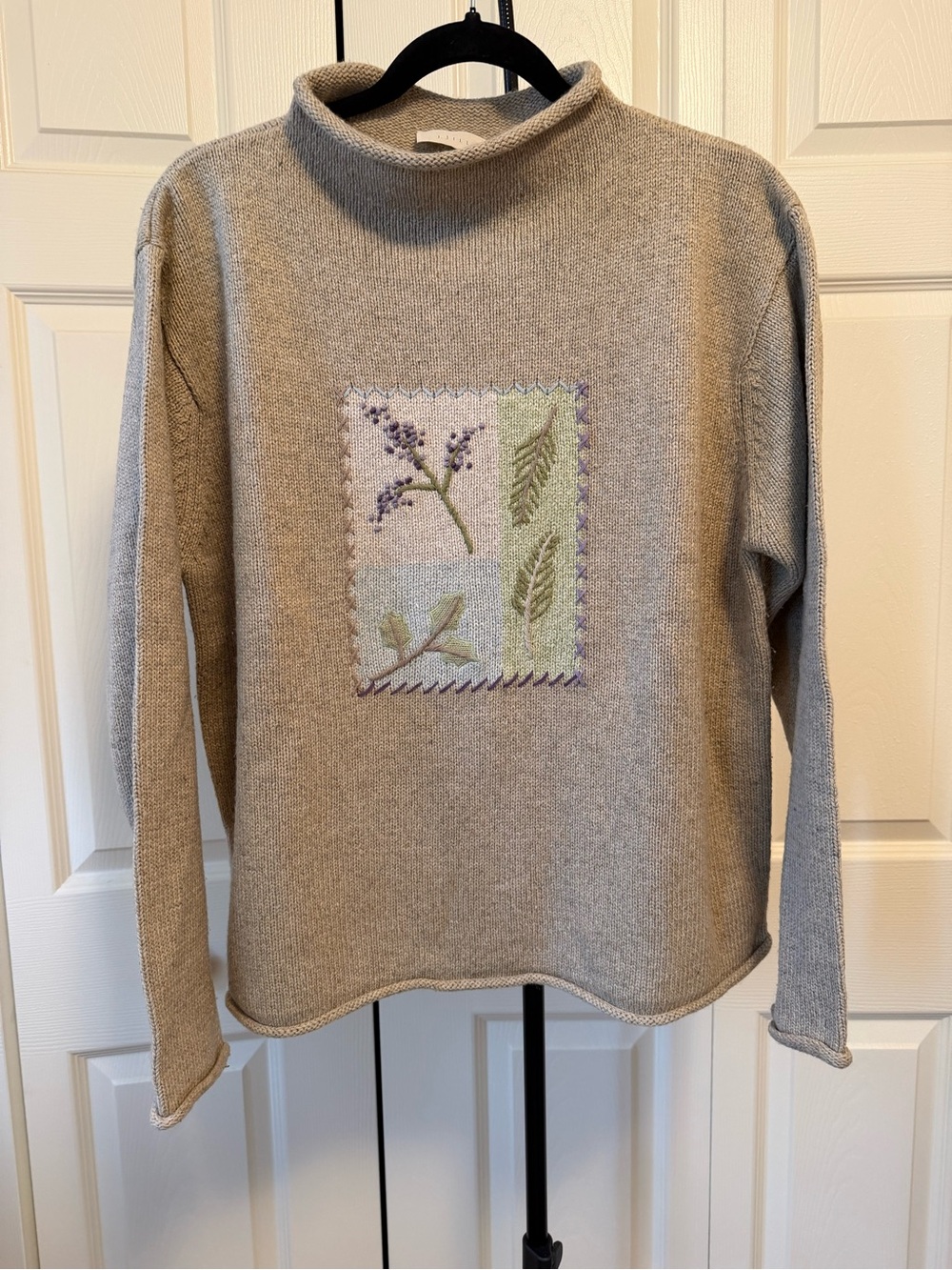 J. Jill Neutral Beige Knit Sweater with Garden Embroidery